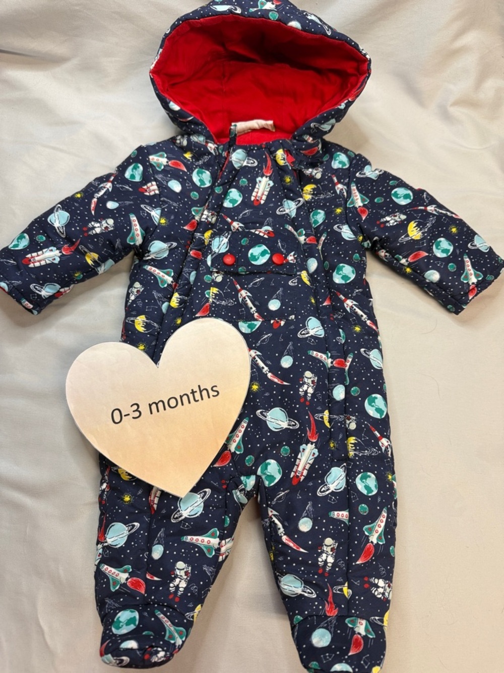 Baby Space-Print Puffer Snowsuit Jacket with Red Hood Lining